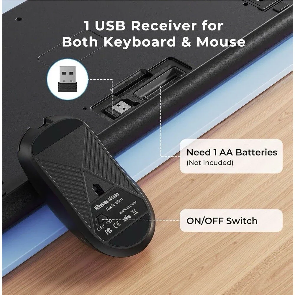 Silent Wireless Keyboard and Mouse Combo - Keyboard with Large Print Cover,